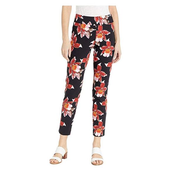 Krazy Larry Black Red Floral Pull On Ankle Pants 2 Tropical Resortwear Summer - Picture 2 of 5